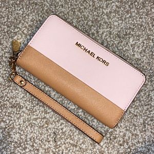 Michael Kors Pink and Tan Wristlet Wallet